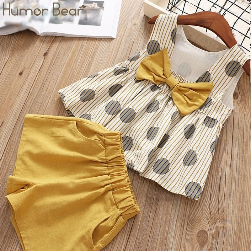 Humor Bear Summer New Grils Clothes Korean Dot Girl Big Bow T-shirt+ Shorts Children Clothing Set Kids Girls Clothes Suit